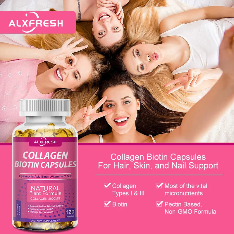 Alxfresh Collagen Biotin Capsules with Vitamin C for Anti-oxidation Support Skin & Joint & Hair Health Nutritional Supplements
