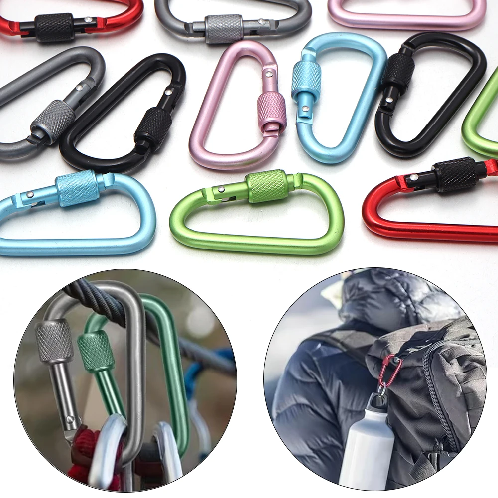 2 Stück Outdoor-Sport Aluminiumlegierung Sicherheitsschnalle Schlüsselanhänger mit Verschluss Kletter-Karabiner D-Form Camping Wandern Haken – Detail 2