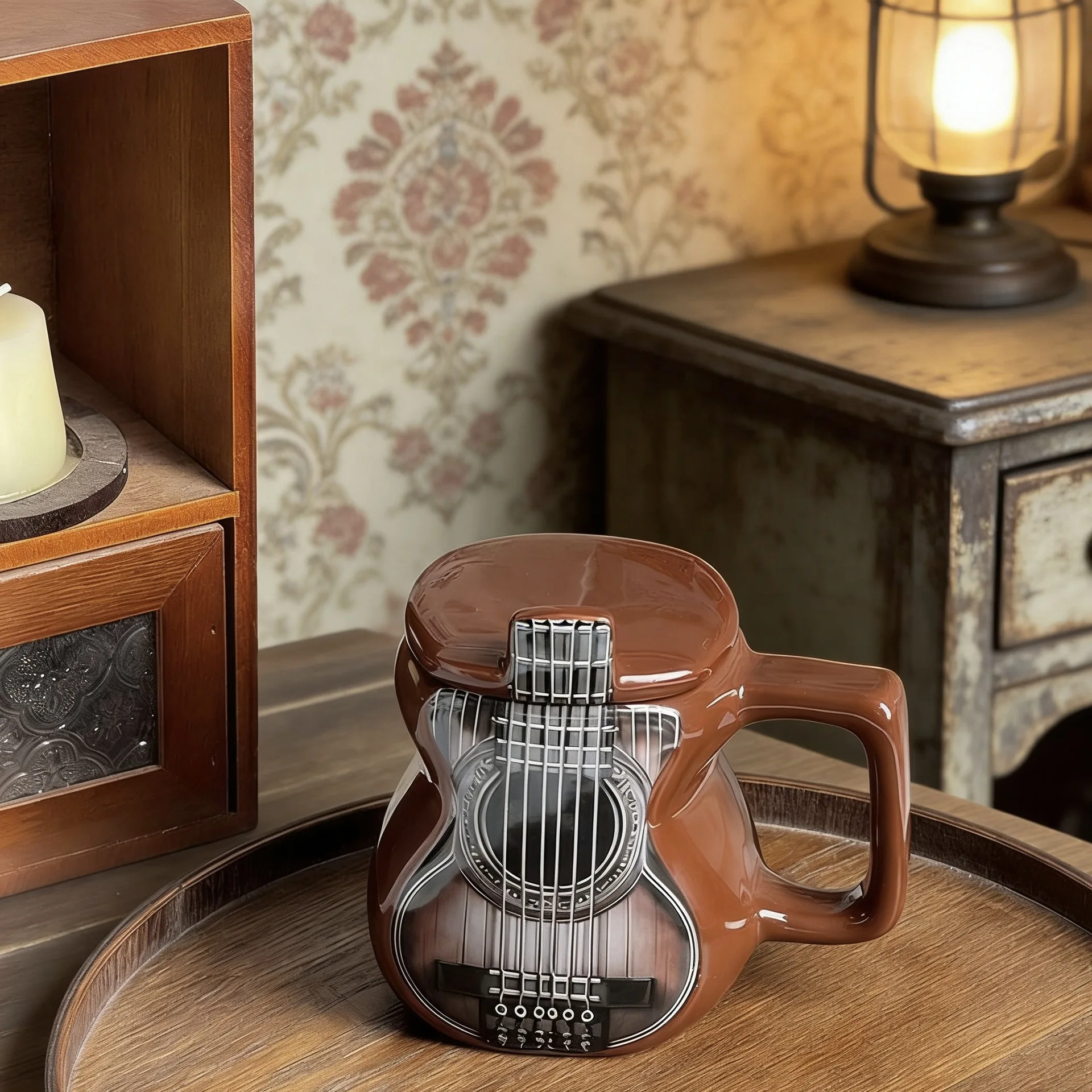 Creative Guitar Ceramic Mug with Lid 500ml Retro 3D Coffee Milk Tea Cup Music Lover Instrument Gifts Office Drinkware