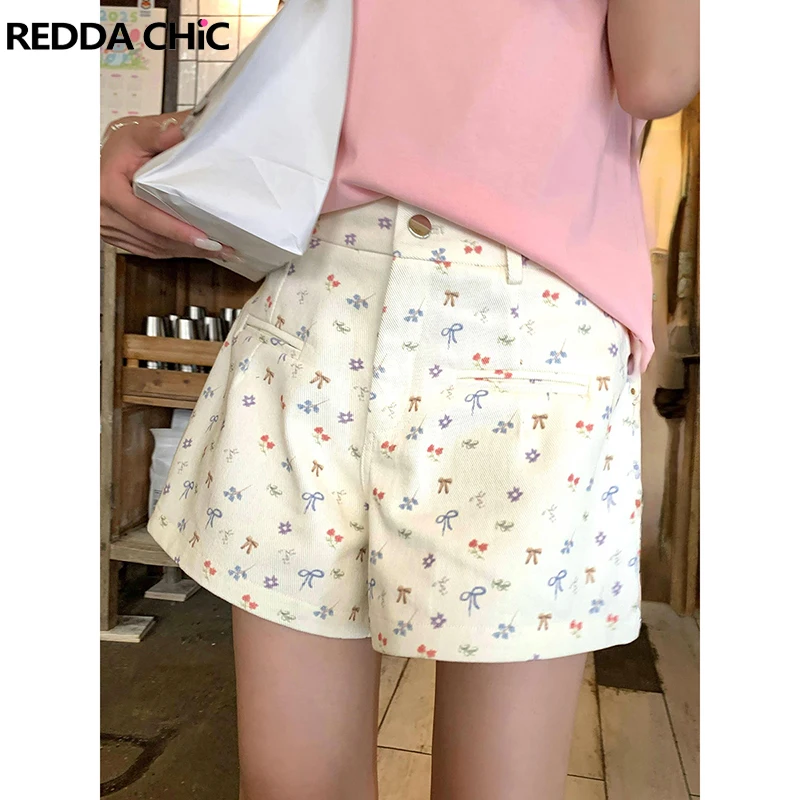 

REDDACHiC Women Shorts with Cat Embroidered Pocket Low Waist Wide Leg Floral Bow Pattern Casual Pants INS Trendy Summer Clothes