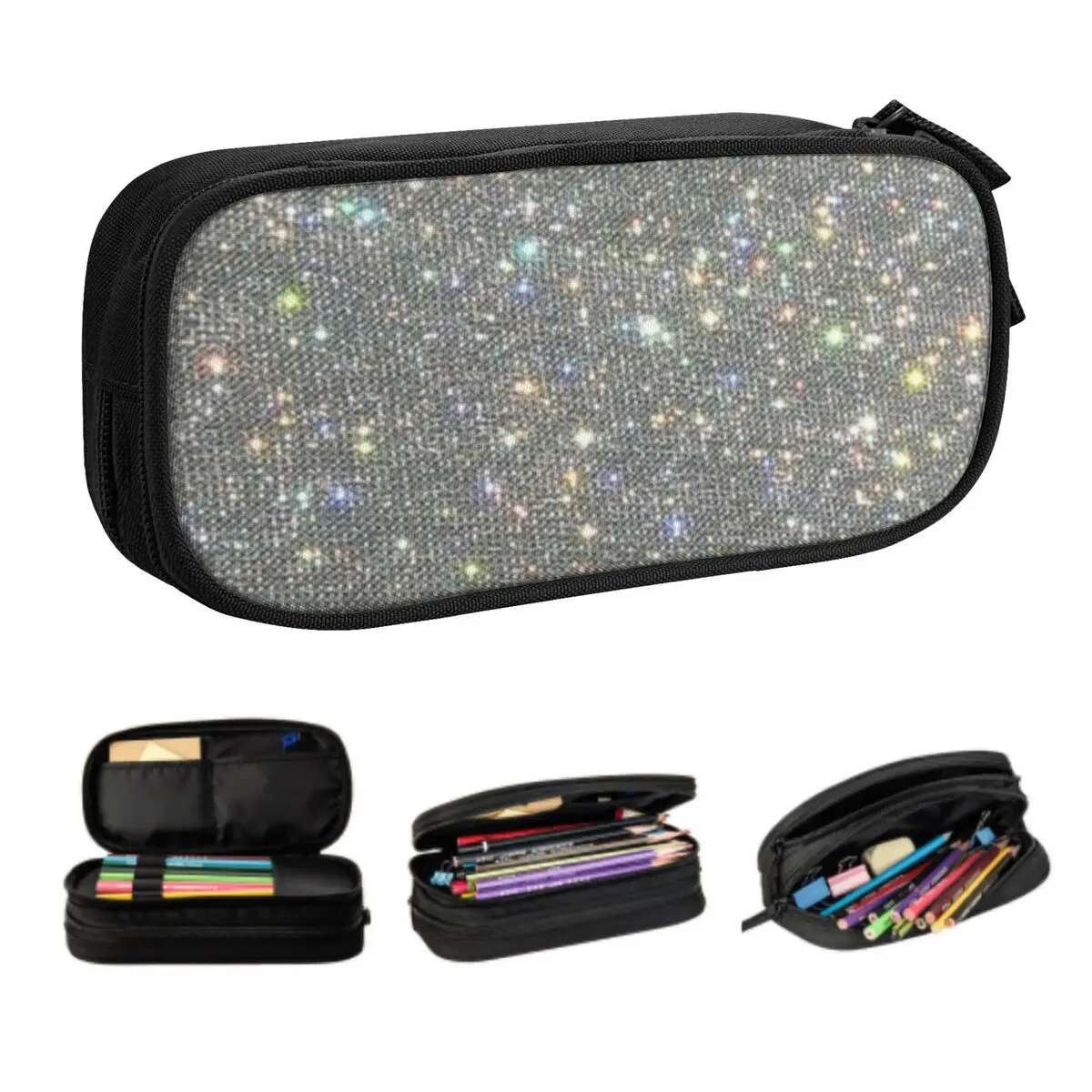 Custom Silver Sparkle Glitter Design Pencil Case for Boy Girl Large Capacity Diamond Pen Box Bag School Accessories