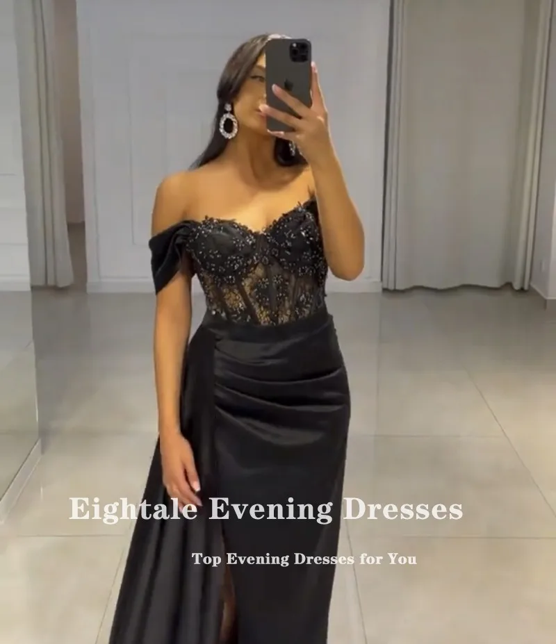 Eightale Vintage Prom Dresses Satin Black Off the Shoulder Beaded Evening Gown Wedding Arabic Customized Party robe de soirée