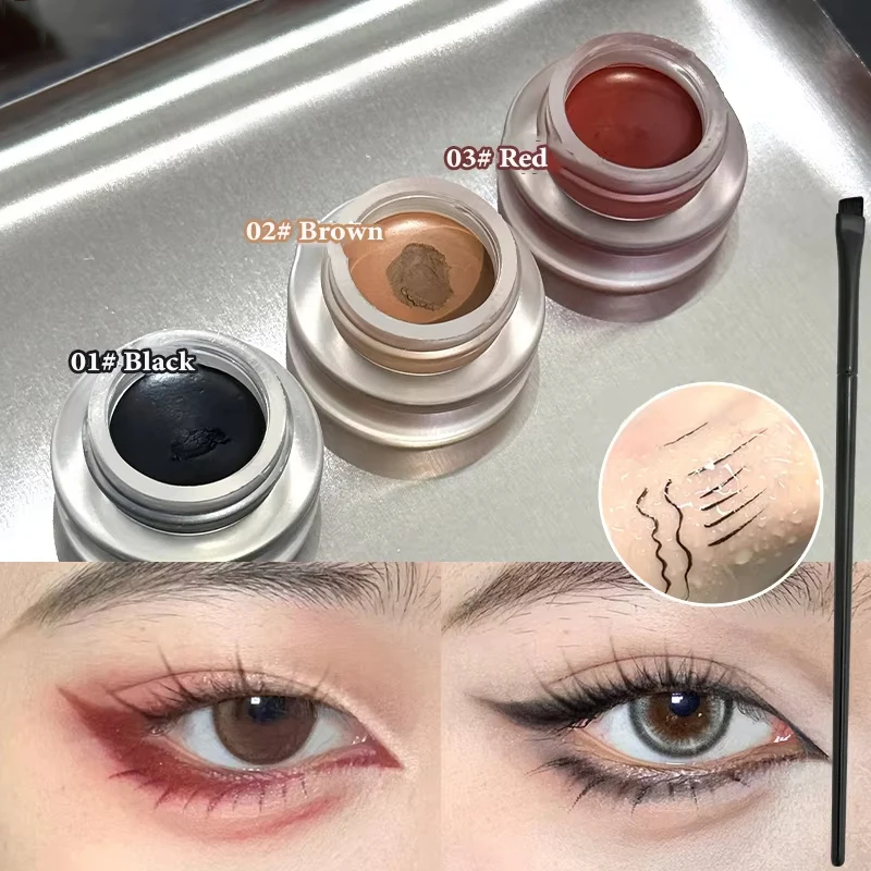 3-Color Eyeliner Eyebrow Gel Cream With Brush Waterproof Lasting Non Smudging Matte Red Brown Easy Wear 3 In 1 Korean Makeup