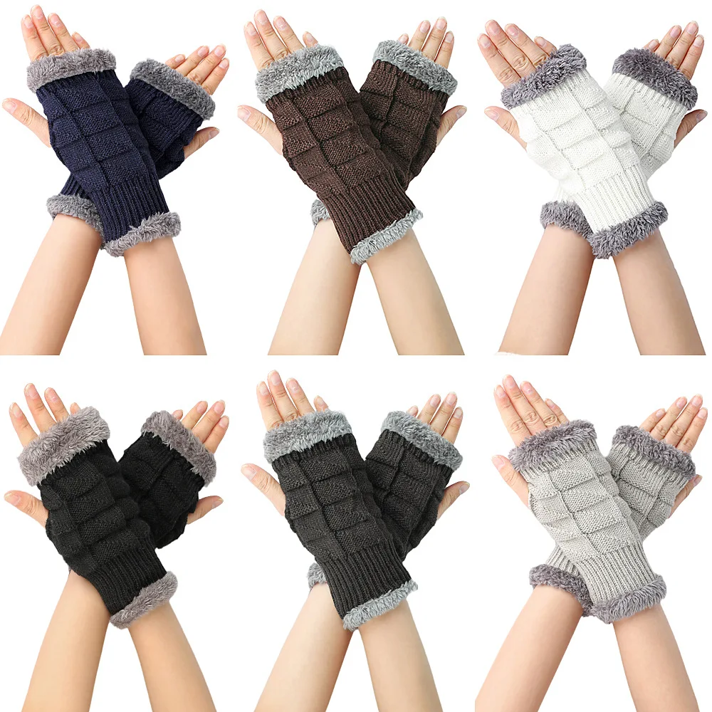 Guantes mullidos de manga corta para mujer, cubiertas de manga elástica de punto para caminar, suaves y cálidos, para compras, invierno y otoño