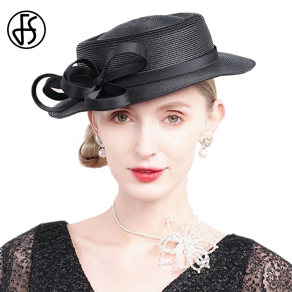 FS Black White Straw Kentucky Derby Cap Summer Women Sun Hats Vintage Tea Party Fascinators Hats With Bowknot Chapeau Femme 2025