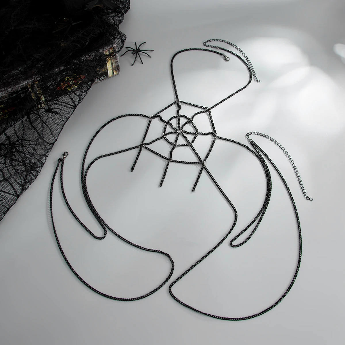 KunJoe Creative Sexy Spider Web Body Chain Jewelry Metal Halloween Breast Chain Black Necklace Spider Web Waist Chain Decoration - view 5