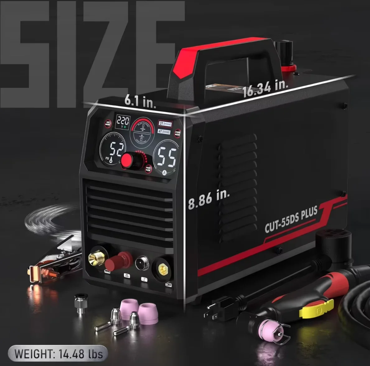 YEESTECH CUT-55DS PLUS 55Amp Non-Touch Pilot Arc Plasma Welding Cutter 2-in-1 Plate Grid Cutting Large Digital Display 110/220V