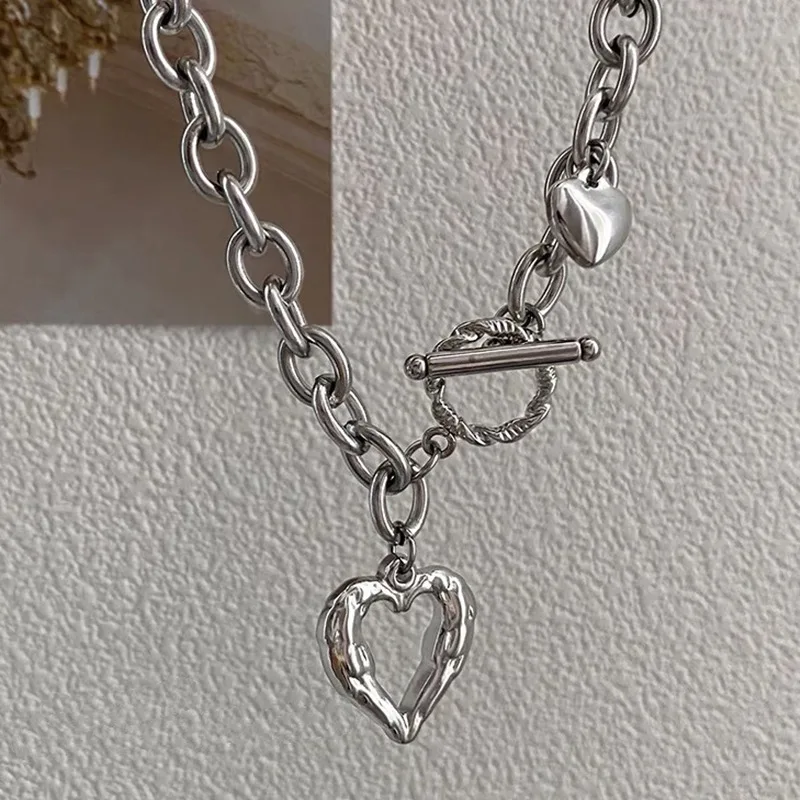 Fashion Heart Stainless Steel Women Pendant Necklaces Luxury Design OT Buckle Exaggerated Thick Chain Necklace Jewelry