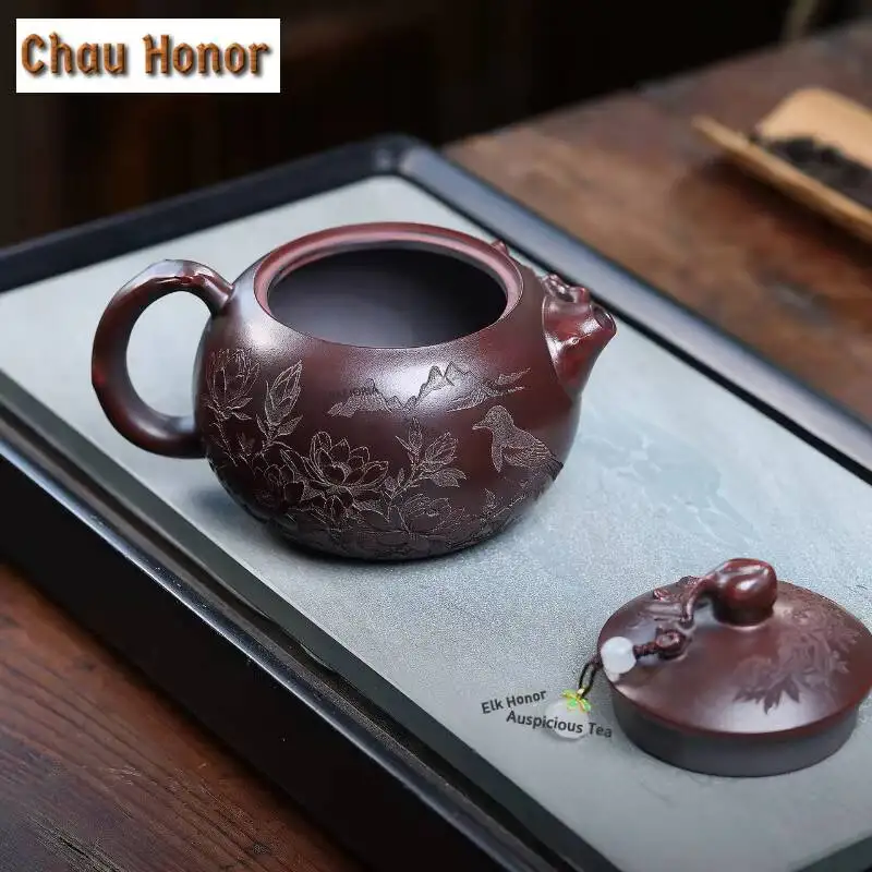 ZAEYORIA 270ml Vintage Yixing Purple Clay Longevity Peach Teapots Handmade Xishi Pot Raw Ore Mud Kettle With Filter Zisha Teaset
