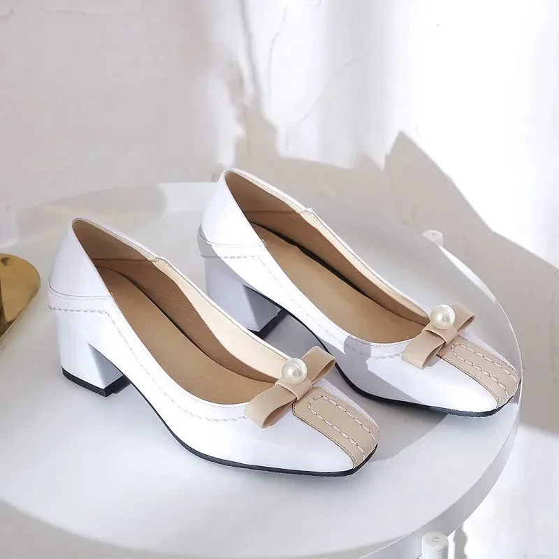 British Style 2024 Spring New Patchwork Bow-knot Pearl Office Lady Shoes Mature Chunky High Heels Pumps Party Women Plus Size 43