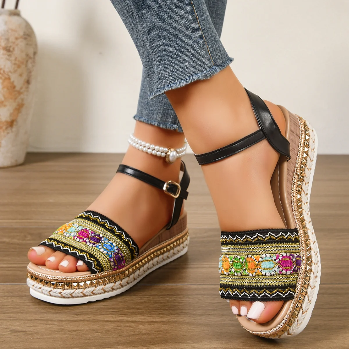 Women Ethnic Embroidered Floral Wedge Ankle Buckle Sandals Summer Thick Bottom Platform Dress Shoes Woman Plus Size 35-41 Shoes view 5