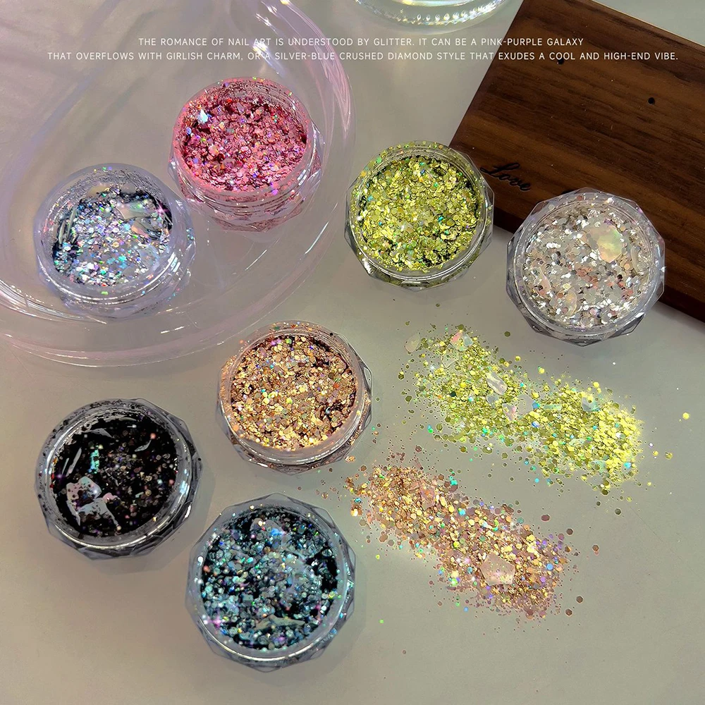 1 scatola di glitter per unghie argento iridescente Galaxy con paillettes rotonde irregolari e fiocchi ultrasottili a forma di conchiglia Flash Forniture per nail art