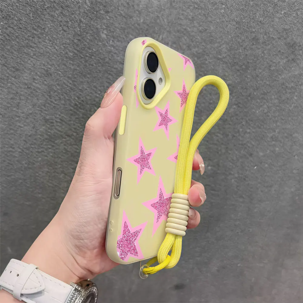 Phone Case For iPhone17 Pro Max 16 13 12 15 14 11 Pro Max Air XS XR 16 14 7 15 8 Plus X Pink Star INS Lanyard Wrist Strap Cover view 6