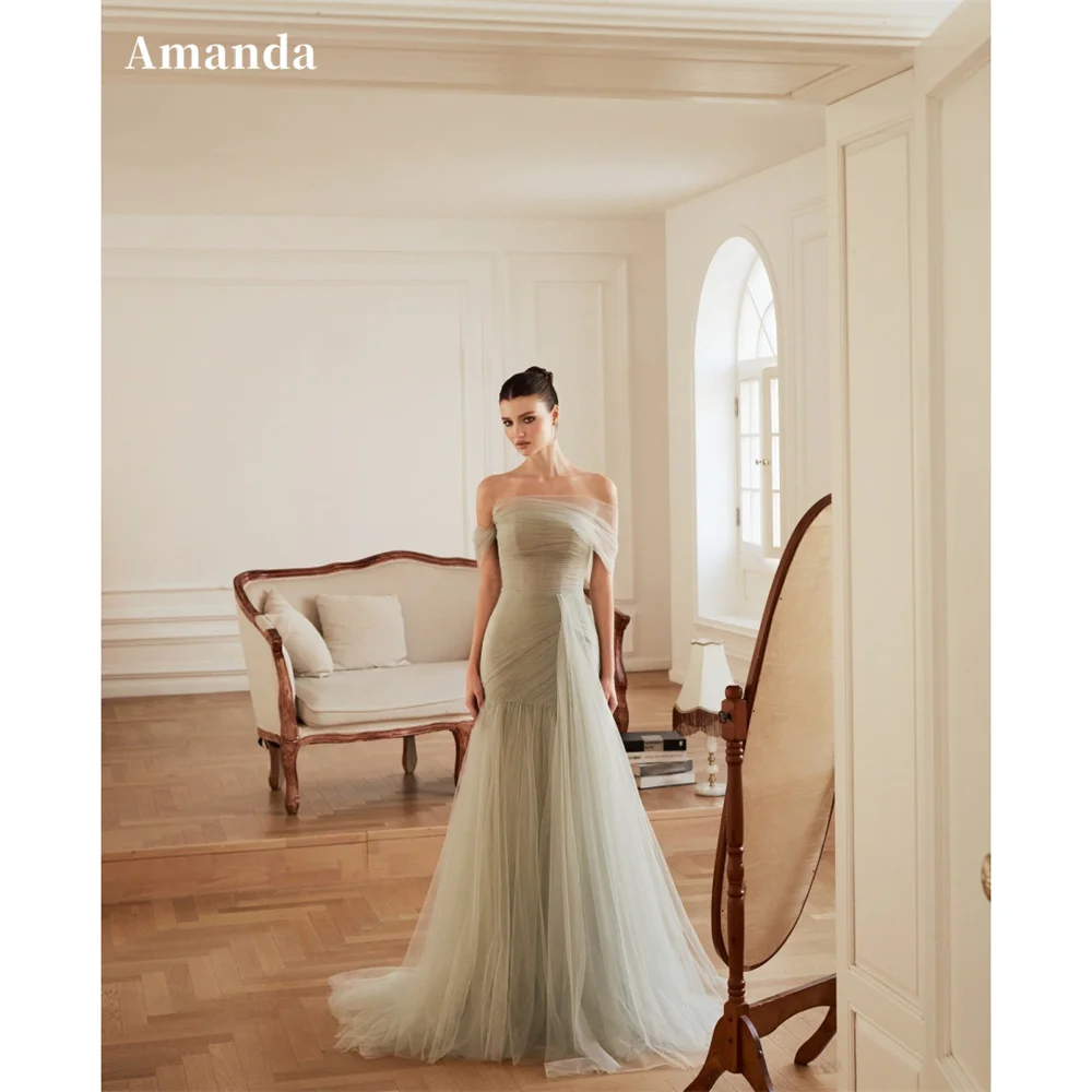 

Amanda Customized Green Off Shoulder Pleated Prom Dresses Mermaid Sleeveless vestidos de noche Tulle Floor-Length Formal Evening