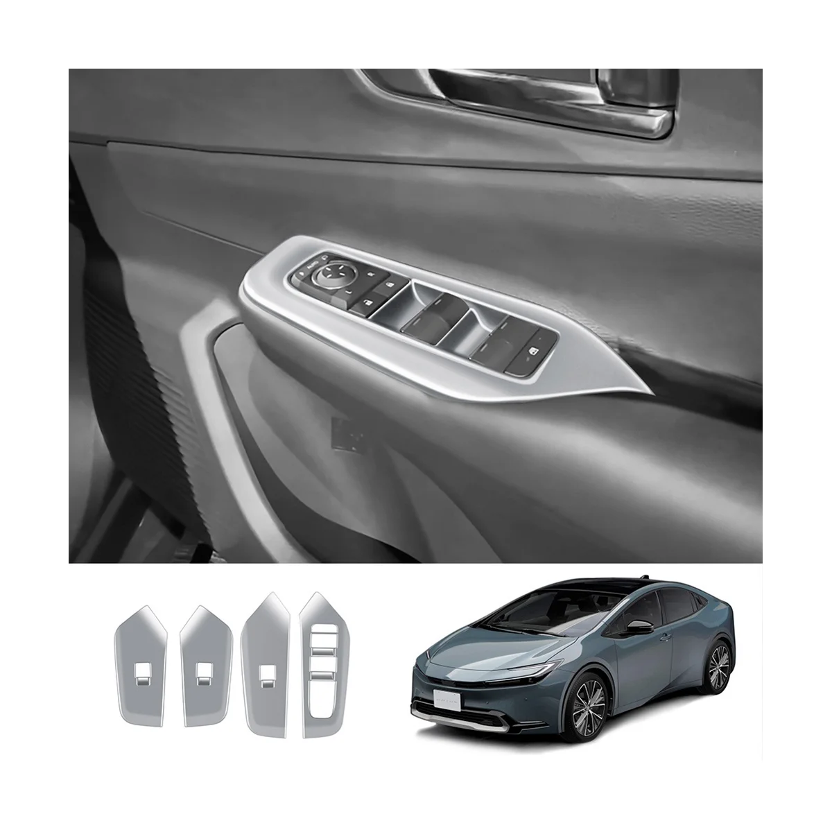 Car Dumb Silver Interior Door Armrest Window Glass Switch Frame Panel Trims 4PCs for Toyota Prius 60 Series 2022 2023