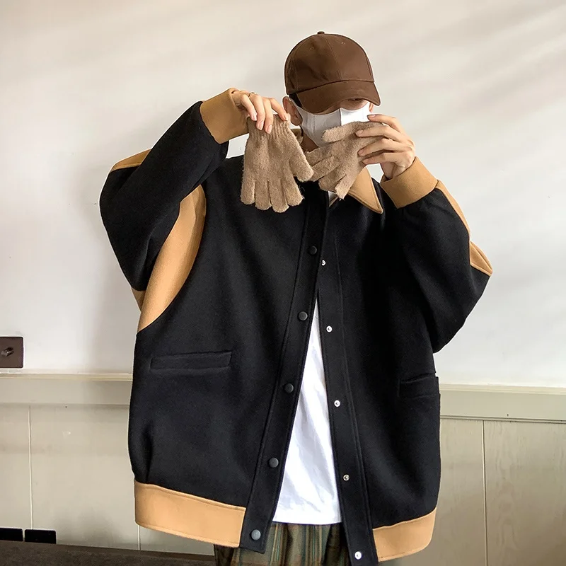 

Шерстяная куртка в американском стиле с элементами пэчворка, мужская осенне-зимняя новинка в гонконгском стиле, свободный повседневный топ, модная верхняя одежда в корейском стиле