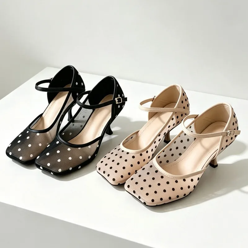 Concise Polka-Dot Light Breathable Mesh Mary Jane Shoes for Ladies Fashion Square-Toe Adjustable Buckle Ankle Strap High Heels