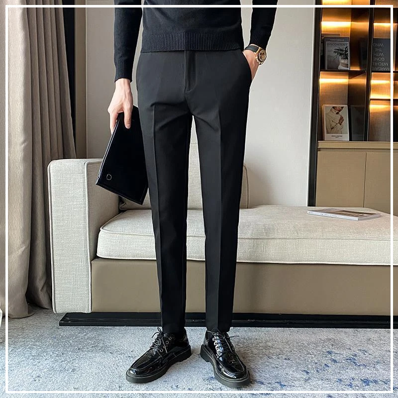 

2024 Spring and Summer Fashion Trend Simple Casual Business Versatile Solid Color Elastic Waist Ankle Length Suit Pants for Men