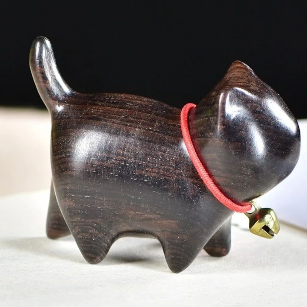 Figura Decorativa de Gato de Madera con Textura Natural, Adorno de Gato Tallado a Mano con Campana, Adorno de Gato de la Suerte para Oficina
