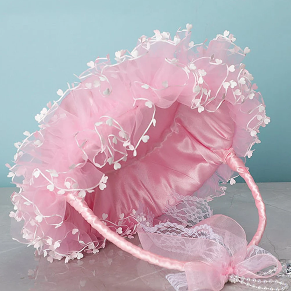 

Wedding Flower Girl Basket Storage Rustic Lightweight Cloth Pink Handle Decorative Baskets For Bride Party Lace Woven Container