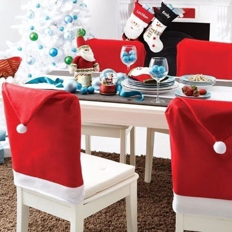 60cmX50cm Christmas Santa Claus Cotton Chair Cover Non-woven Table Red Hat Chair Back Cover Christmas Xman Home Decorations