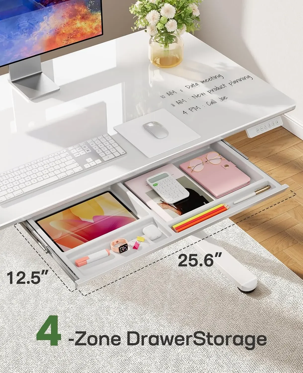 مكتب قائم كهربائي زجاجي مع درج، مكتب قابل لضبط الارتفاع 40/48/55 بوصة، سطح من الزجاج المقسى من قطعة واحدة، منزل مريح