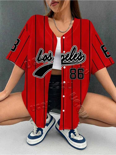 Imagen 1 del producto Los Ángeles 86 Jersey de béisbol para mujeres hombres moda rayas rojo rosa camiseta de béisbol de secado rápido transpirable deporte ropa de mujer