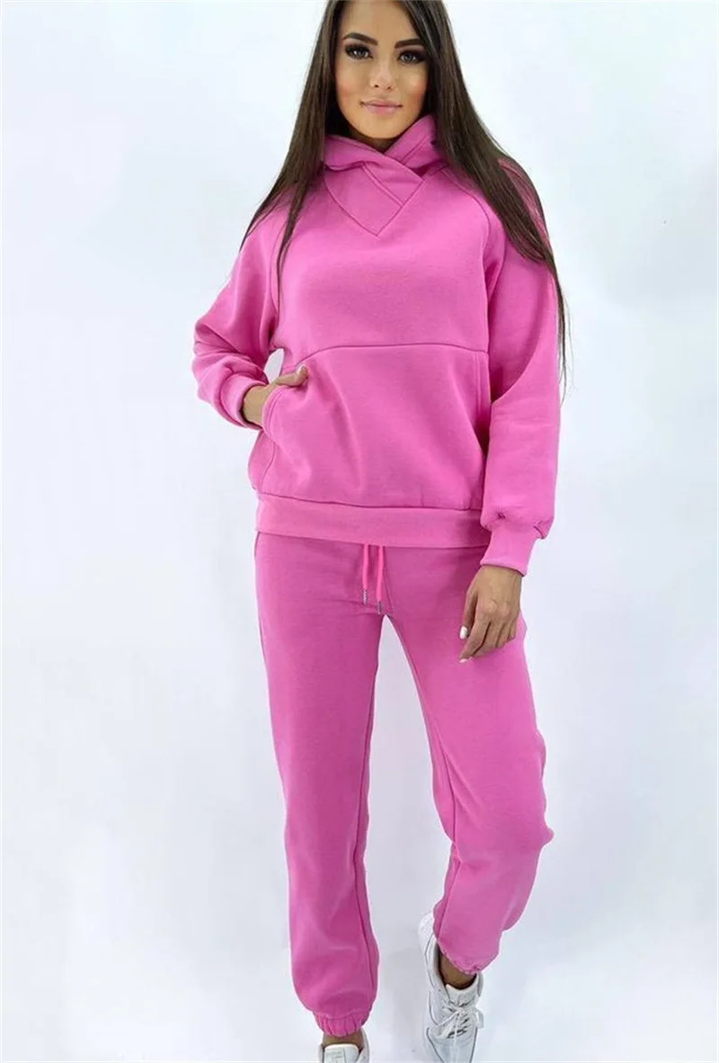 Hot Selling European and American Autumn Winter New Fashion Solid Color Hooded Hoodie Casual Two Piece Set