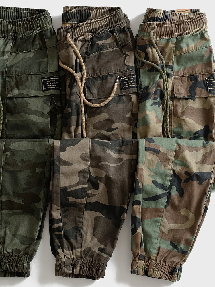 

Мужские повседневные брюки из чистого хлопка с камуфляжным принтом, свободного кроя, длинные, рабочие, с манжетами, для отдыха, осенние