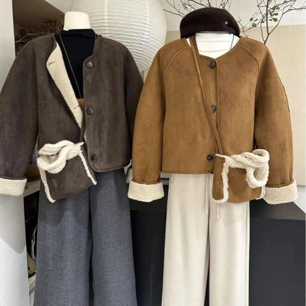 Women's Korean Faux Suede Short Coat Cotton-padded Thickened Warm Soft Jacket Top Overcoat Winter Preppy Office Commuter Outfits