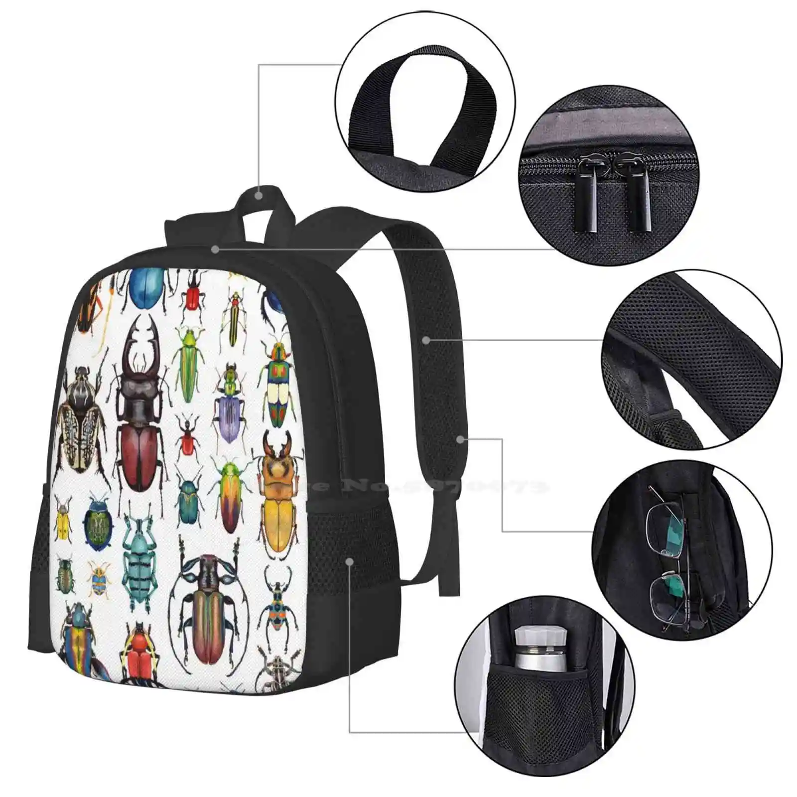 Beetle Collection Backpacks For School Teenagers Girls Travel Bags Bugs Beetles Beetle Collection Beautiful Insects Watercolor