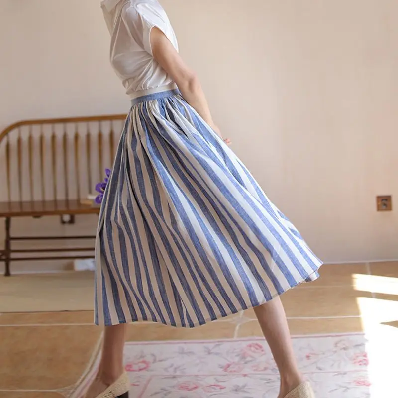 

High Quality Skirts Blue Striped Hepburn Style New Vintage High Waist Long Women Elegant Chic A-Line Large Swing Umbrella Skirt