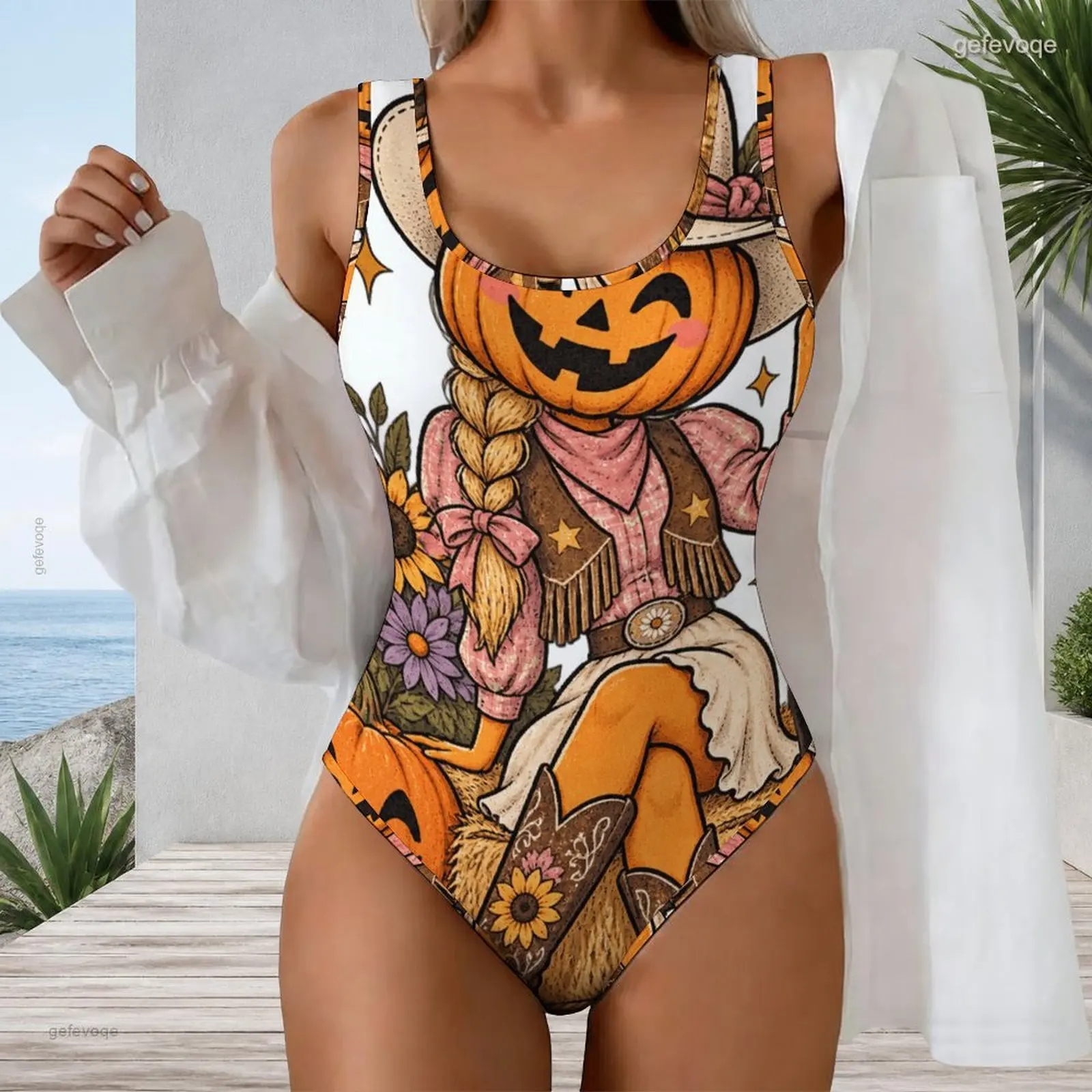 Women Printed Swimsuit Scoop Neck Wide Straps One Piece High Cut
