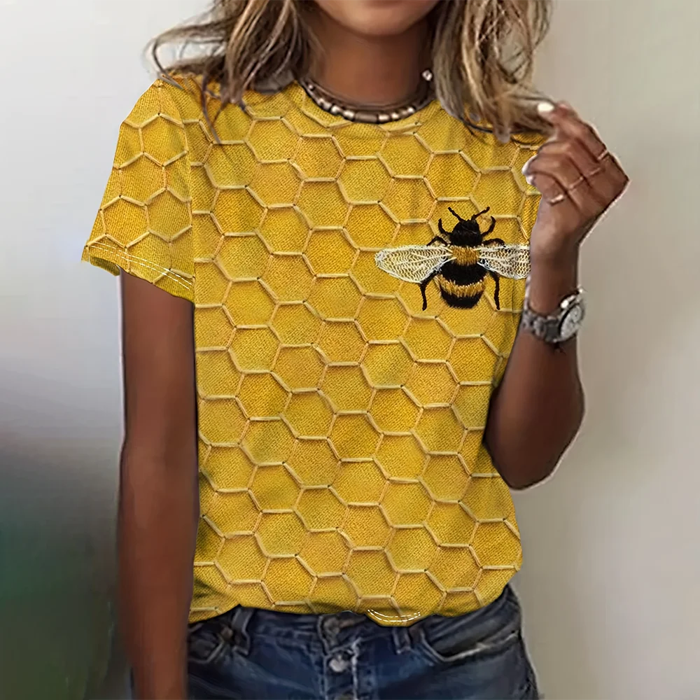 Women Yellow T-Shirts Girls Blouse Bee Print Tops For Woman Basic Casual Ladies Tshirt Print Oversized Female Clothing