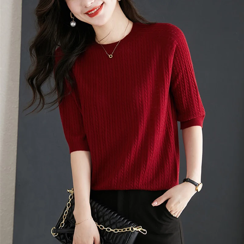 

Thin Knitted Tops Female 2024 Summer O-Neck Woman Clothing Casual T Shirt Women Short Sleeve Tshirt Solid Basic Tee Shirt Femme