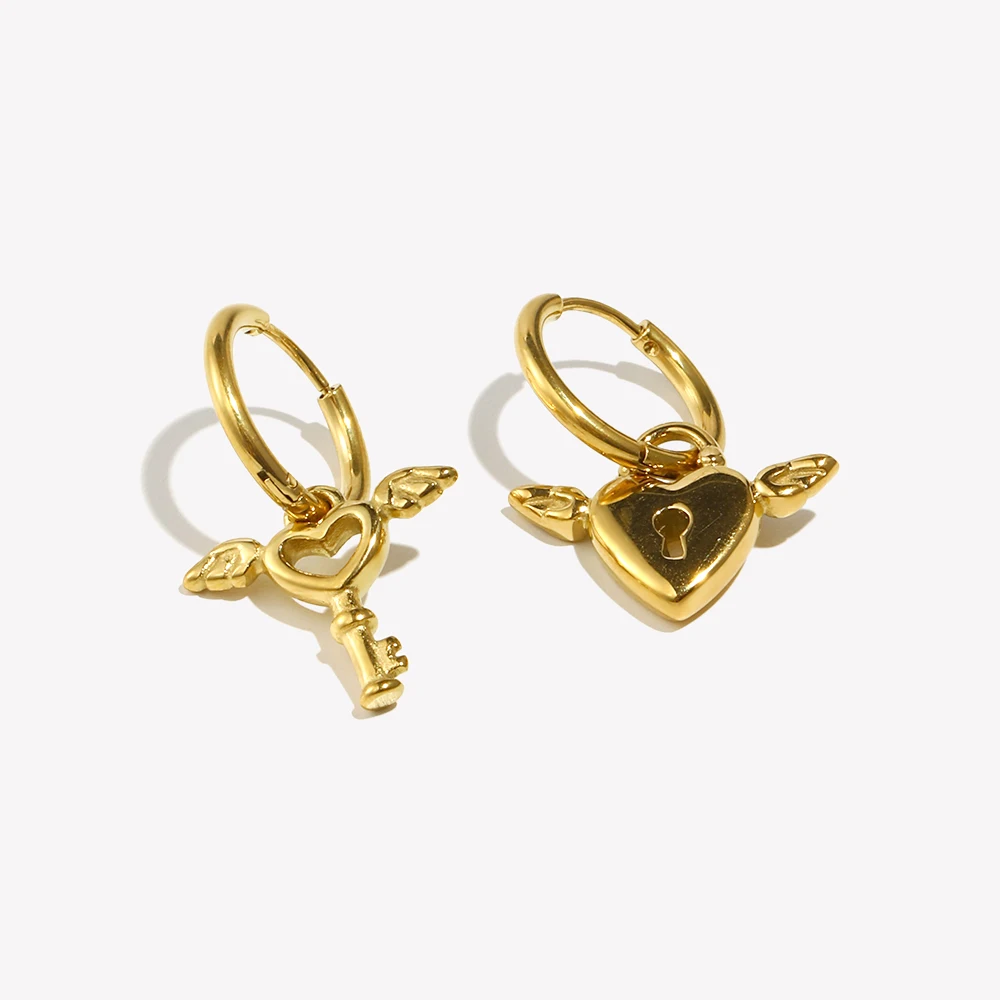 E.B.belle  Asymmetrical Angel Cupid Heart Lock and Key Charm Small Huggies Earrings Fashion Stainless Steel Drop Earring