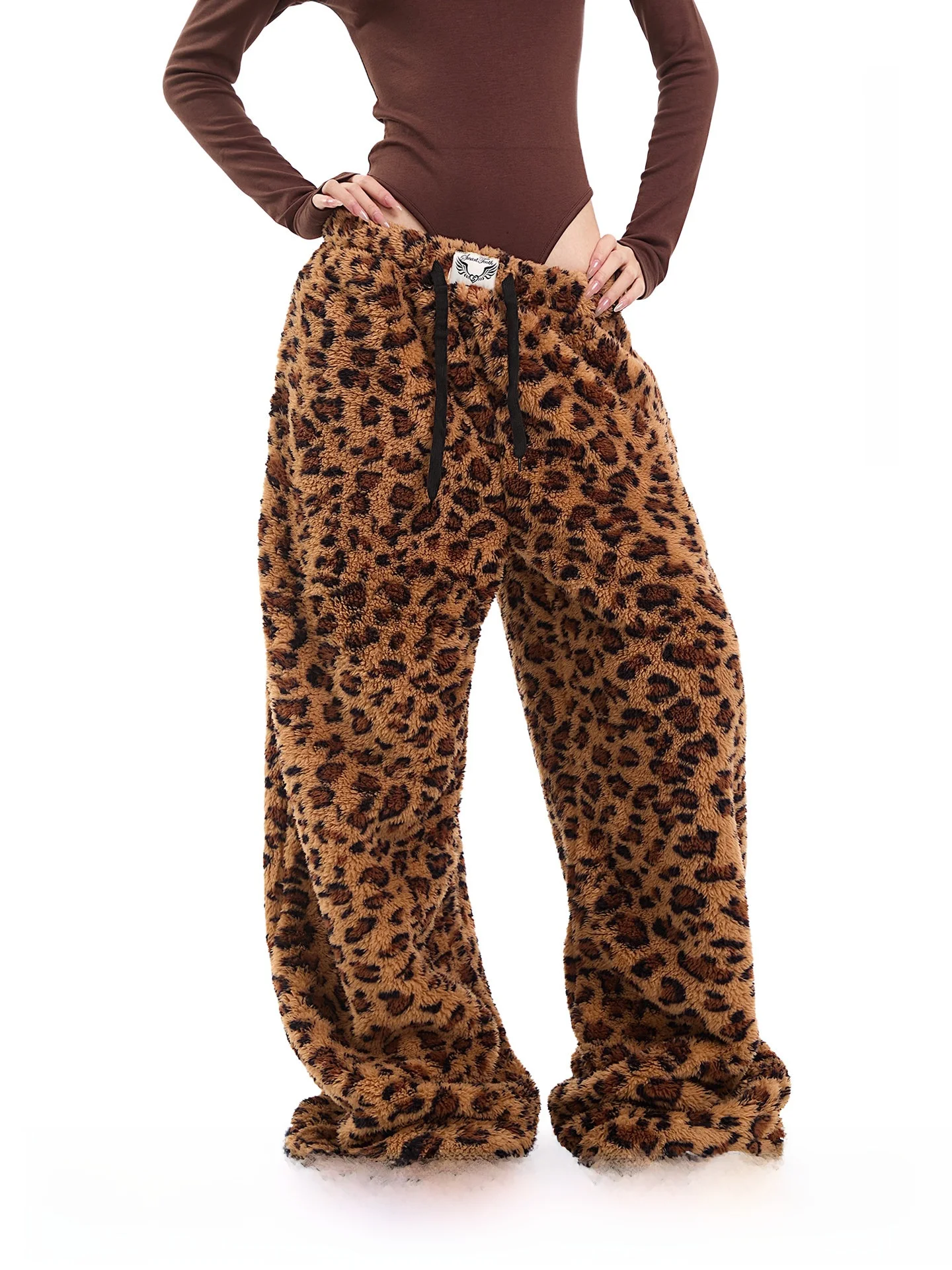 

Retro American Faux Fur Wide Leg Pants Women's Loose Straight Casual Trousers Leopard Print Comfortable Warm Autumn Winter