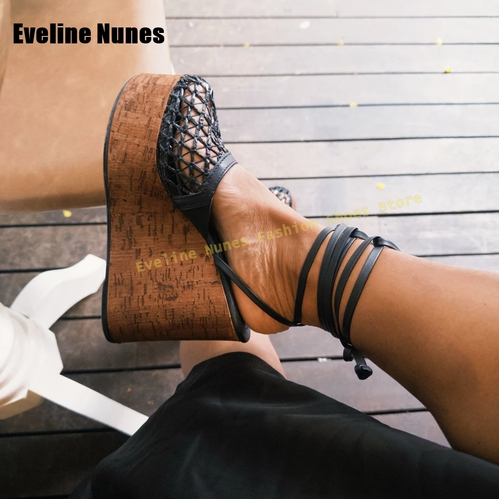 

Black Mesh Lace-Up Wedge Platform Sandals Women's Beaded Ankle Tie Heels for Beach Vacations and Summer Casual Wear 2026 Trend