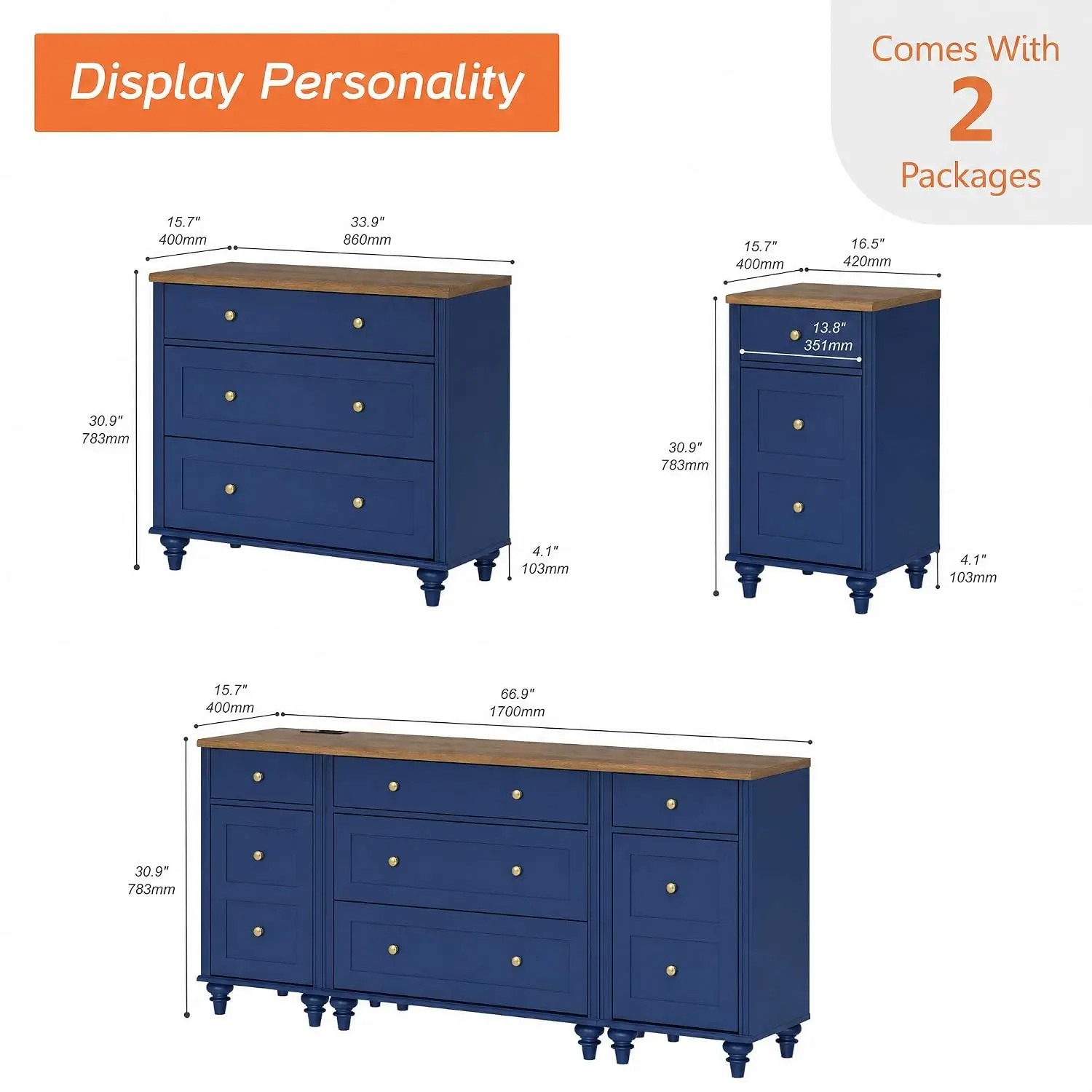 Navy Blue TV Stand with Charging Station for Living Room, Customized