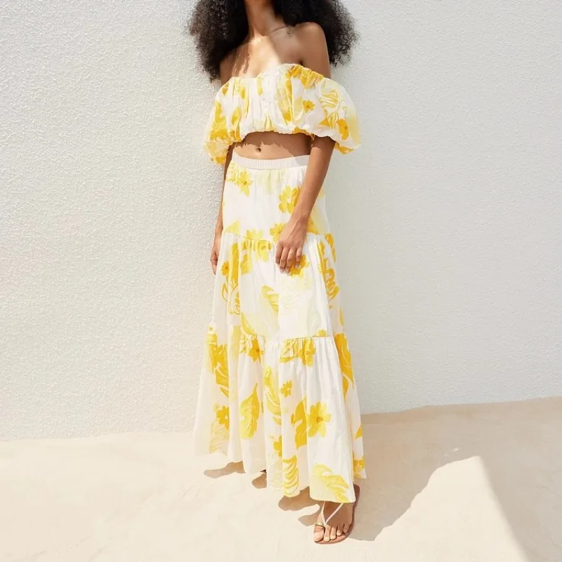 Holiday Yellow Floral Embroidery Tops + Skirts Women Summer Off The Shoulder Two Piece Sets Lady Elegant Skirts Sets Party