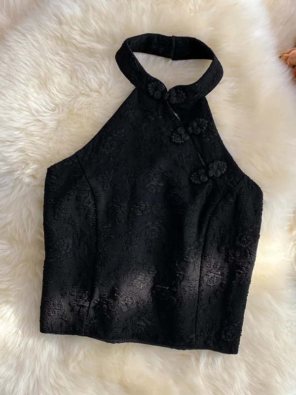 Summer Outfit Pure Desire Spicy Girl Style Neck Hanging Button  Improved Version Small Vest Women's Tube Top Sleevel...