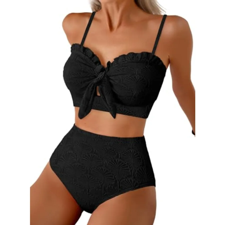 Herseas Women's Seashell Textured Bikini Sets Knotted Front 2 Pcs Swimsuits Ruffle Trim Bathing Suits