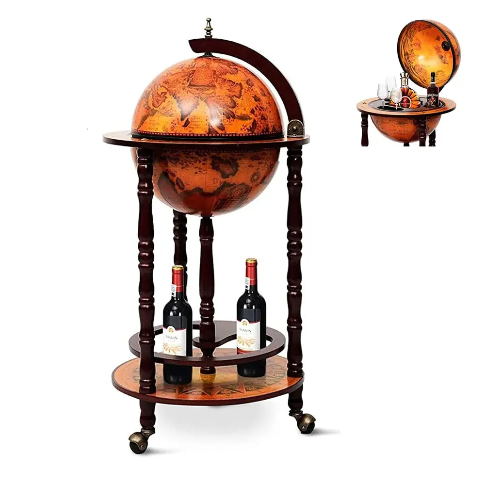 

18" Globe Bar, 16th Century Globe Bar Liquor Cabinet with Wheels & Bottom Shelf, Italian Replica Wooden Wine, Customized