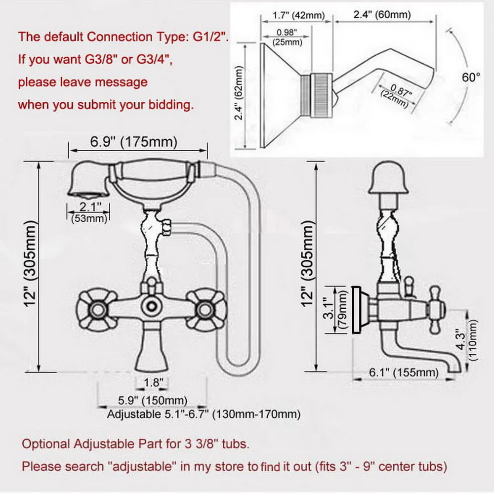 Polished Gold Brass Double Handle Wall Mounted Bathroom Bath Tub Faucet Set with 150CM Hand Held Shower Spray Mixer Tap 2na903