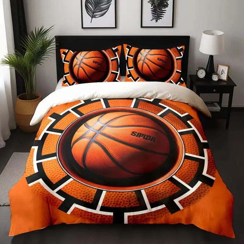 2026 Basketball Bedding Set For Kids, Sports Orange Basketball Comforter Sets, Teenage Boy Bedroom Bed Set 3 Pieces With Pillowc