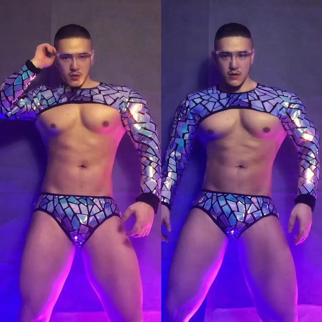 Hooded Tops Shorts Glasses Silver Purple Blue Laser Sequins Bar Nightclub Sexy Costume Technology Future Theme Mirror Stage Wear