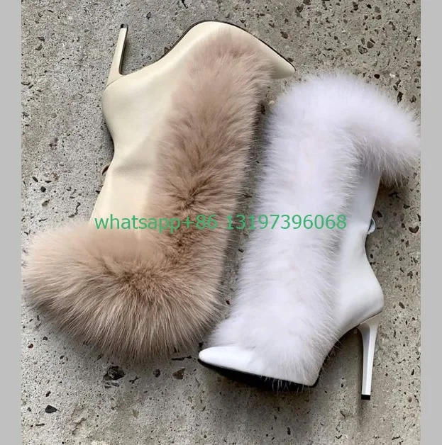 

Lady nude color fur design calf boots pointed tow white feather fur fax boots PU fur vintage winter dress boots size 35-46