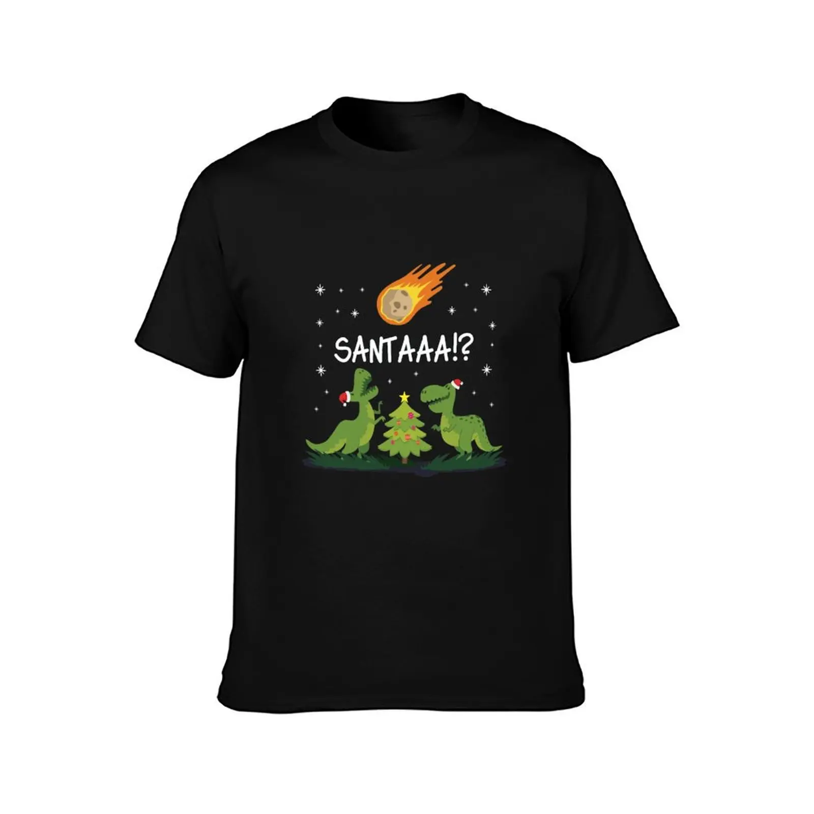 Christmas Dinosaur Meteor Santa Dino Design T-Shirt Soft Basic Cotton Short Sleeve Tee T-Shirt