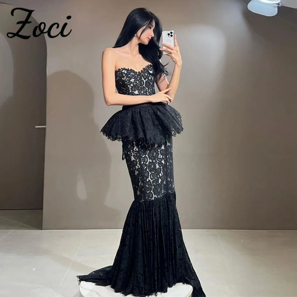 

Zoci Sexy Black Mermaid Wedding Dresses Sweetheart Lace Ruffles Evening Dress Princess Photos Shoot Customized Bride Party Gown