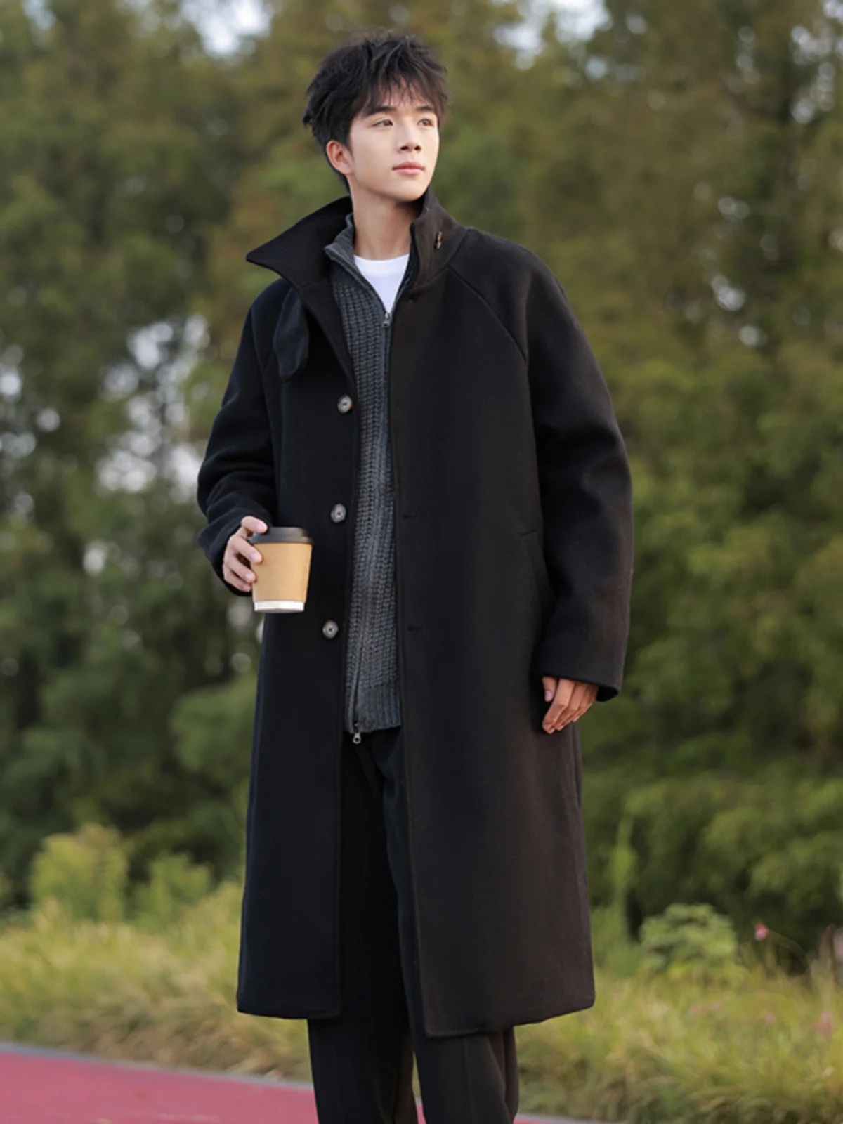 

Men's Woolen Coat Autumn Winter Loose Retro Casual Knee-Length Overcoat Medium-Length High-End Feeling Tweed Jacket